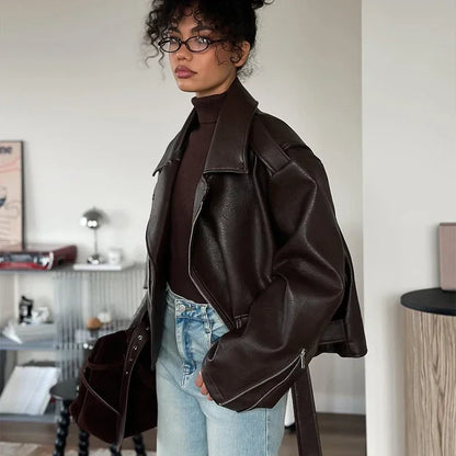 Brown Lapel Leather Bomber Jacket Women's Fashion Full Sleeve Zipper Pocket Lace Up Belt Coat 2025 Autumn High Street Outerwear