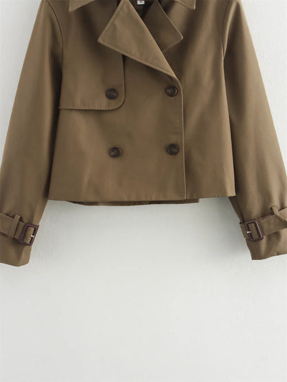 Ladies Vintage Cropped Trench Spring Autumn Jacket Women Streetwear Double Breasted Long Sleeve Top Female Chic Coat Outfits