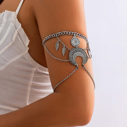 Boho Vintage Multilayer Chain Tassel Feather Upper Arm Cuff Bracelet for Women Silver Plated Fashion Armband Body Jewelry Gift