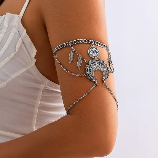 Boho Vintage Multilayer Chain Tassel Feather Upper Arm Cuff Bracelet for Women Silver Plated Fashion Armband Body Jewelry Gift