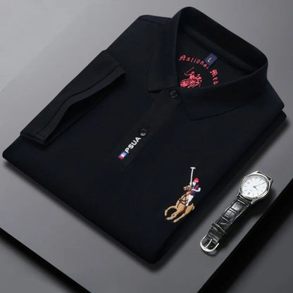 Men's High-quality Summer New Embroidered Lapel Men's Short Sleeved Polo Shirt with Tassel Solid Color Business Casual Men's Pol