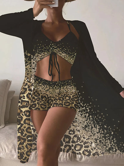 3 Pieces High Waist Bikini 2025 Printed Swimsuit Women & Kimono Swimwear Female Sexy Bather Bathing Swimming Swim Suit Beachwear