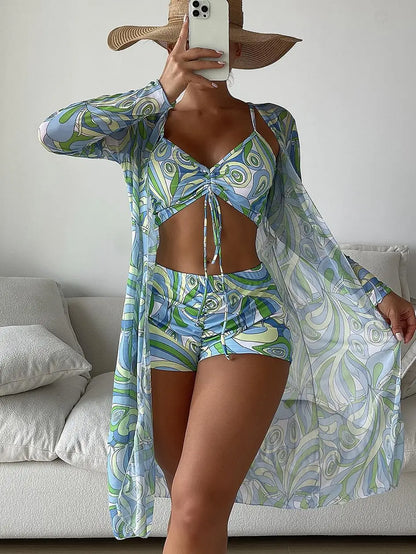 3 Pieces Sexy Print Bikini 2025 Women High Waist Swimsuit Cover Up Swimwear Female Lady Bathing Suit Swimming Summer Beachwear