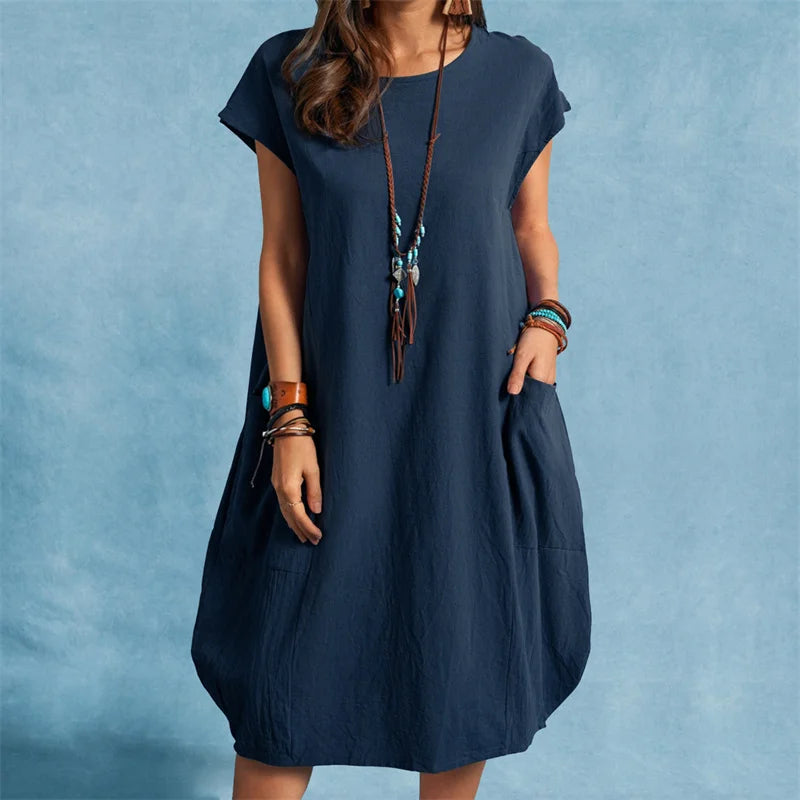 Summer Breathable Cotton Linen Solid Color Dresses Female Comfortable Casual Loose Dressy Women's Crew Neck Double Pockets Gown