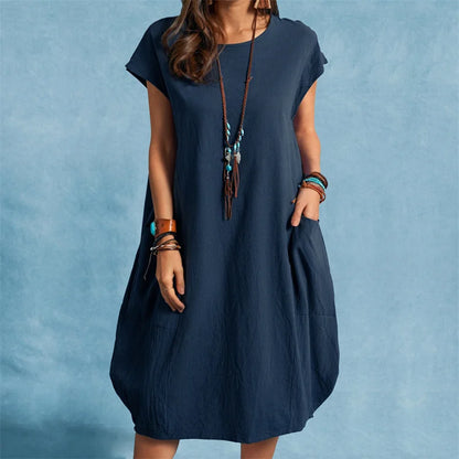 Summer Breathable Cotton Linen Solid Color Dresses Female Comfortable Casual Loose Dressy Women's Crew Neck Double Pockets Gown