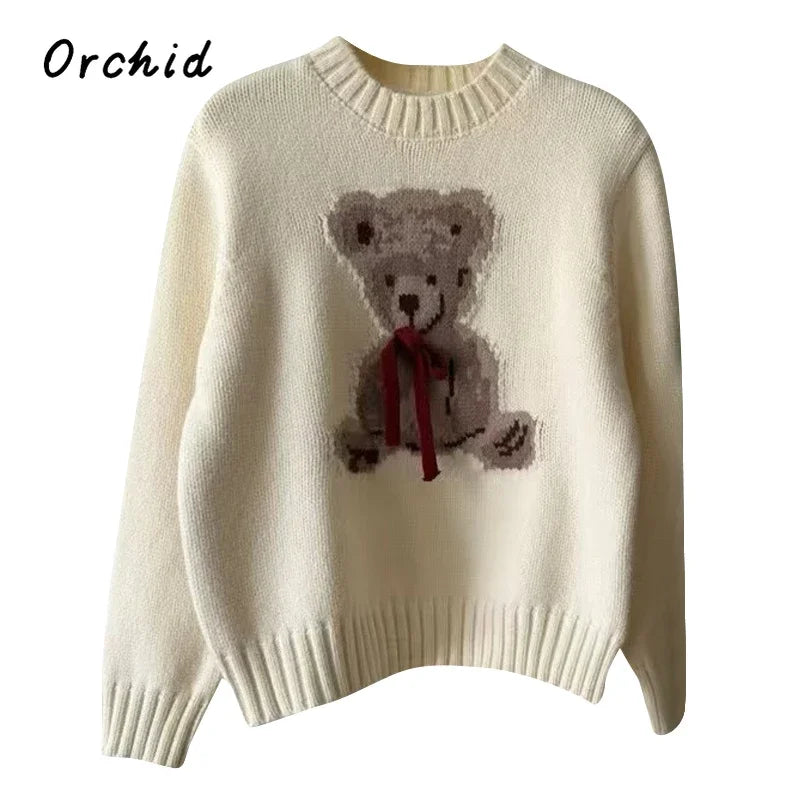 Christmas Sweet Style Knitting Long Sleeve Casual Pullovers 2025 Winter Women Lovely Jumpers Bow Round Neck Ladies Red Sweater