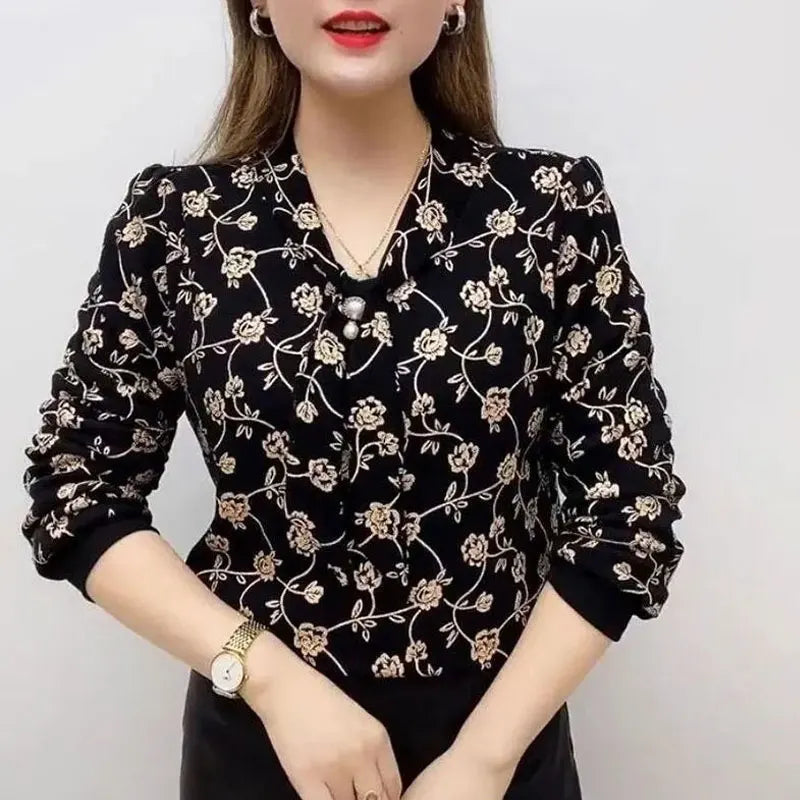 Female Clothing Wave Printed V-Neck Shirt Bandage Spring Autumn New Diamonds Chic Pearl Three-dimensional Decoration Blouse 2025
