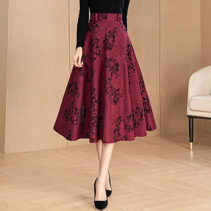2024 Autumn New Retro Fashion Print Women's Folded Pocket Loose High Waist Elastic A-line Elegant Versatile Mid Length Skirts