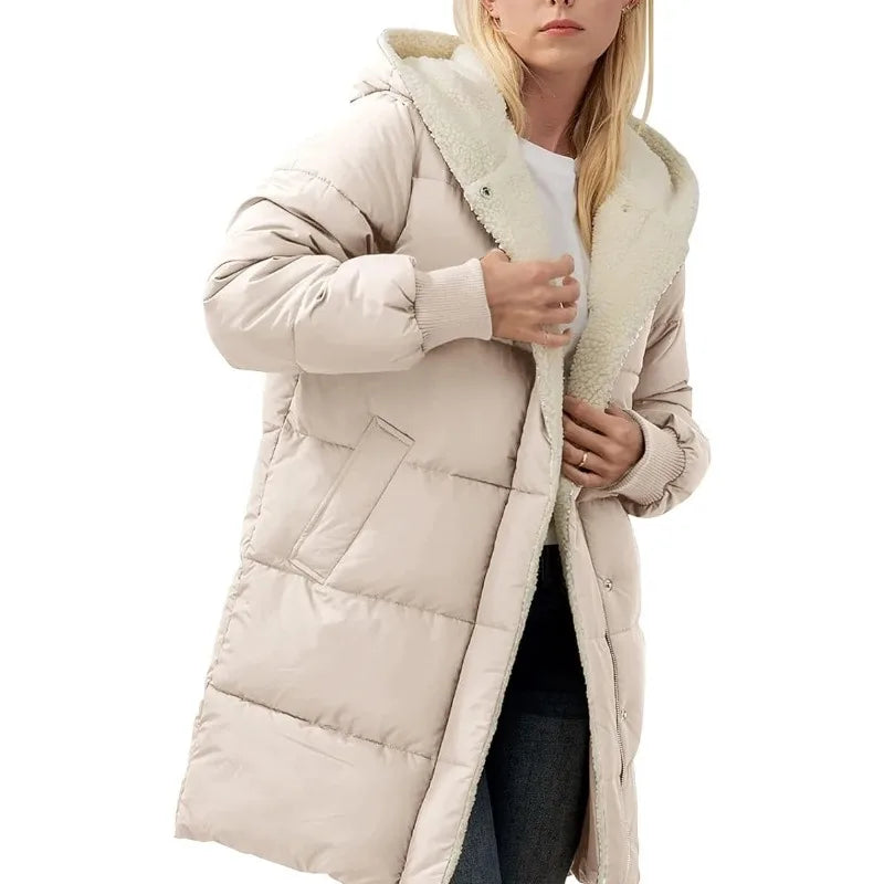 Womens Winter Warm Coats Sherpa Fleece Lined Long Hooded Puffer Jacket