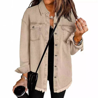 Women Denim Shirt Turn Down Collar  Streetwear Open Stitch Single Breasted Casual Loose Jackets