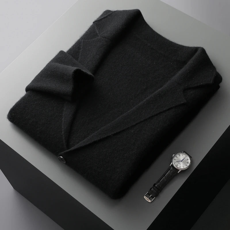 Autumn Winter New 100% Merino Wool Men's Suit Collar Knitted Cardigan Thickened Solid Color Suit Shirt Cashmere Sweater Jacket