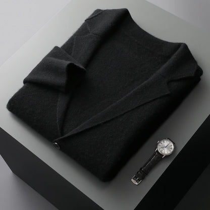 Autumn Winter New 100% Merino Wool Men's Suit Collar Knitted Cardigan Thickened Solid Color Suit Shirt Cashmere Sweater Jacket