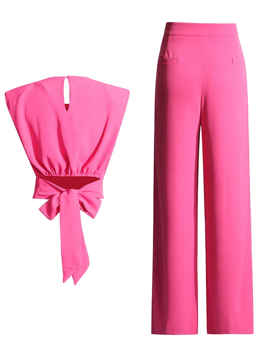 Women O Neck Sleeveless Spliced Lace Up Vest High Waist Wide Leg Pant Chic Two Piece Sets Female