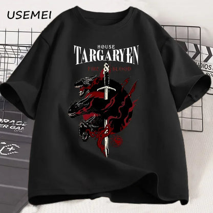 House Targaryen T Shirt Fire and Blood T-Shirt GOT Men Tshirt Cotton Fashion Short Sleeve Casual Printed Tee Shirt Streetwear