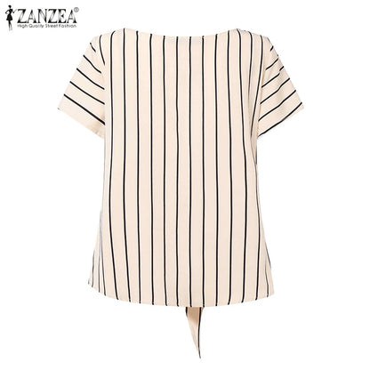 ZANZEA Women Fashion Tie-Front Striped Blouses 2025 Summer Stylish V-Neck Short Sleeve Tops Elegant Casual Commute Blusas Mujer