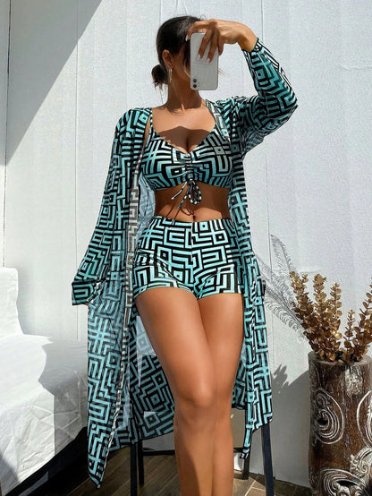 Print Swimsuits Tankini Set with Long Cover Ups Female Swimwear Sports Beach Wear 3 Piece Bathing Suit Women Swimming Bikinis