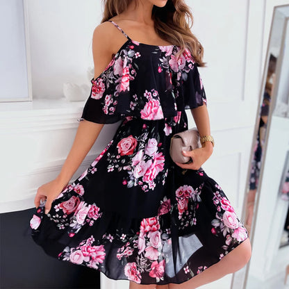 Chiffon Floral Dress for Women 2024 Summer Solid Vacation Pullover Beach Sundress Female Korean Fashion Slim Sexy Short Dresse