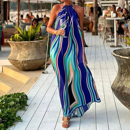 Bohemian Long Dress Women Sleeveless Casual Print Big Hem Summer Pleated Holiday Beach Loose Halter Beach Sundress