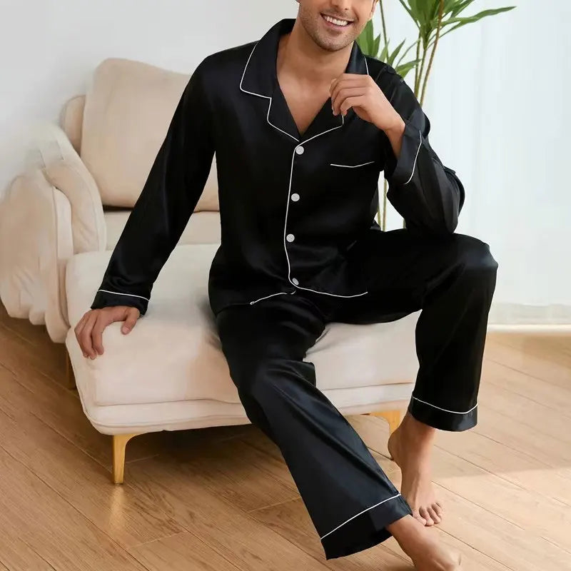 Men's Satin Pajama Set Linter Lapel Collar Long Sleeve Tops & Pants Sleepwear Button Down Loungewear Autumn Pyjama For Man