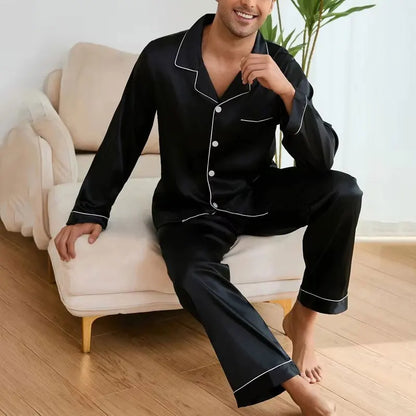 Men's Satin Pajama Set Linter Lapel Collar Long Sleeve Tops & Pants Sleepwear Button Down Loungewear Autumn Pyjama For Man