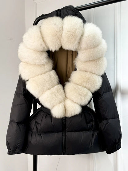 Janveny 2025 Winter Puffer Jacket Women Real Fox Fur Hooded Thick Warm 90% White Duck Down Coat Female Parkas Waterproof
