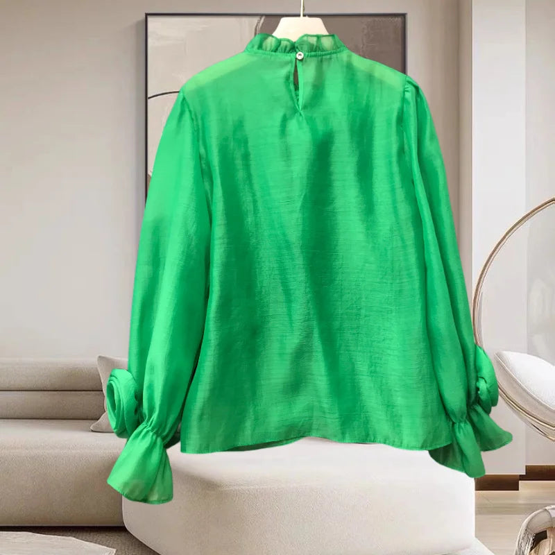 Spring 2024 French Style Shirt Women Three-dimensional Flowers Patchwork Colored Blouse Solid Long Sleeve Women Top 42927