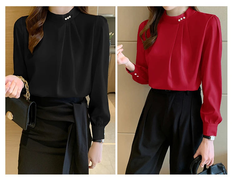 Spring Autumn Satin Women's Blouses 2025 New Long Sleeve Beading Solid Stand Collar Workwear Office Lady Elegant Shirt Female