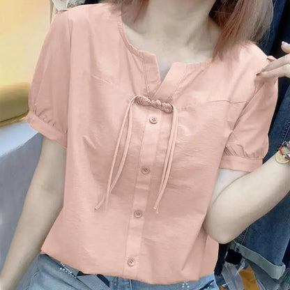 Summer New Cotton Chinese Style Drawstring Short Sleeved Shirt Women's Solid Round Neck Thin Button Waist Collection Loose Top