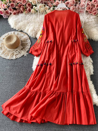 Vintage Chic Women  Floral Embroidery Beach Bohemian Mini Dress Ladies Short Sleeve V-neck Cotton and Linen Boho Dresses Vestido