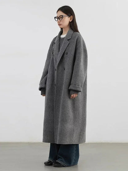 CHIC VEN Women Woolen Coat Double-breasted Basic Loose Casual Retro New Long Double-sided Female Overcoat Autumn Winter 2024
