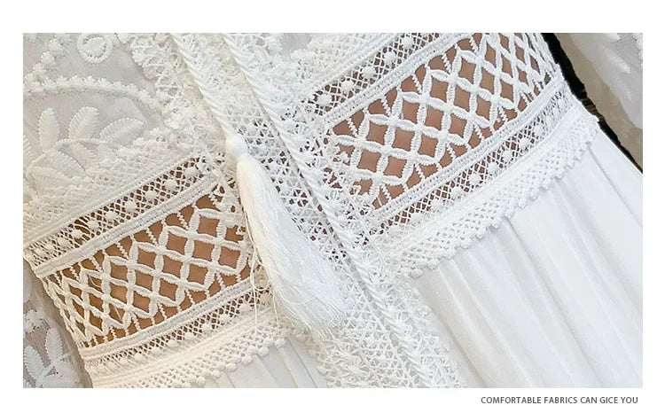 2025 Women's New Spring/Summer White Hollow Sweet Dress Fashion French Bubble Sleeve Knee length Skirt European and American