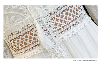 2025 Women's New Spring/Summer White Hollow Sweet Dress Fashion French Bubble Sleeve Knee length Skirt European and American