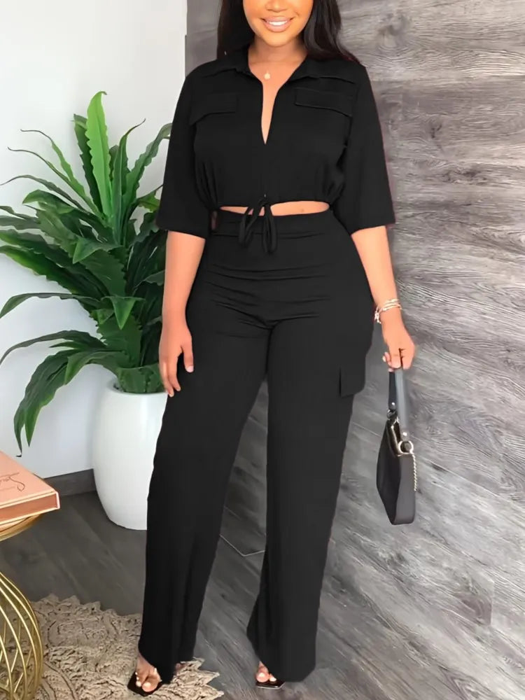 Elegant Office Women Two Piece  Short Shirt + Wide Leg Trousers Set