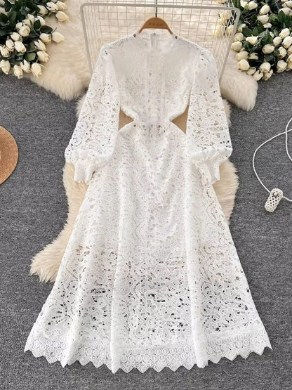 Autumn Vintage Embroidery Hollow Out Dresses Women's Stand Collar Long Sleeve Solid High Waist Elegant Wedding Party Vestidos