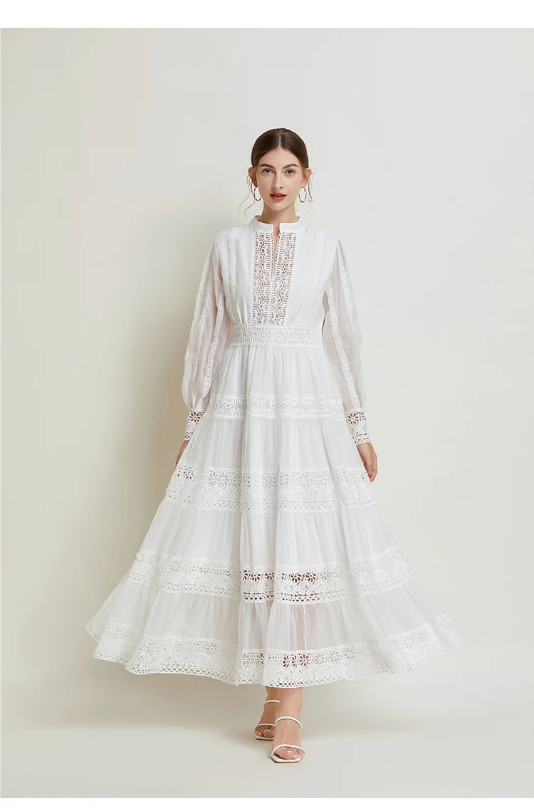 French Fashion Retro Dress Summer Clothing Lace Lace Splicing V-neck Design Lantern Sleeve Dress White Club Outfits for Women