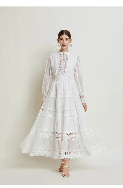 French Fashion Retro Dress Summer Clothing Lace Lace Splicing V-neck Design Lantern Sleeve Dress White Club Outfits for Women