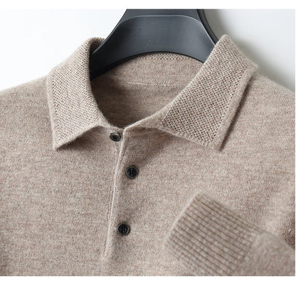 Autumn and winter new 100% pure wool sweater men's POLOL neck sweater lapel button cashmere sweater business bottoming shirt.
