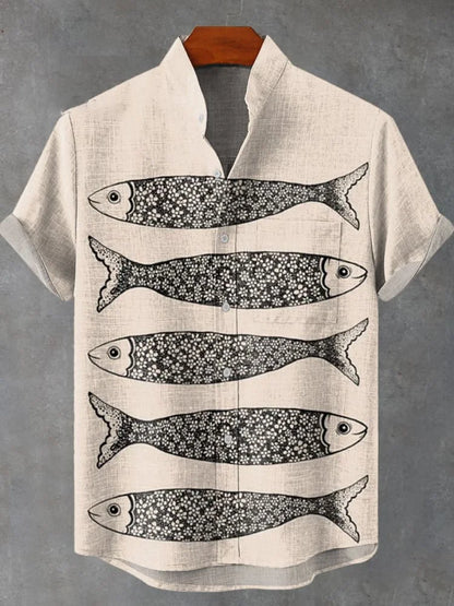 2025 men's new retro style fish pattern print men's casual linen comfortable fabric short sleeved shirt button top
