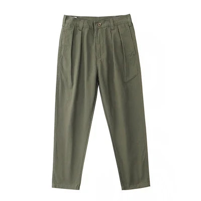 Autumn New American Retro Twill Pleat Chino Cargo Pants Men's Fashion 100% Cotton Washed Old Casual Straight Trousers
