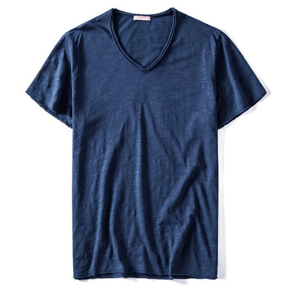 2021 New Summer V-neck T-shirt Men 100% Combed Cotton Solid Short Sleeve T Shirt Men Fitness Undershirt Male Tops Tees