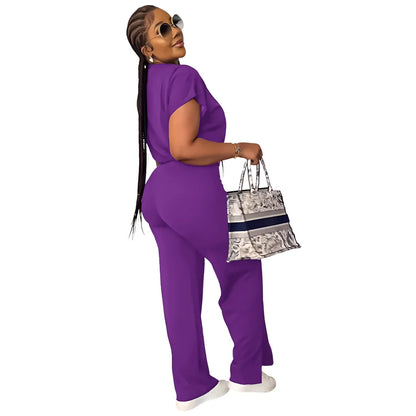Women Short Sleeve Top & High Waist Pants Set