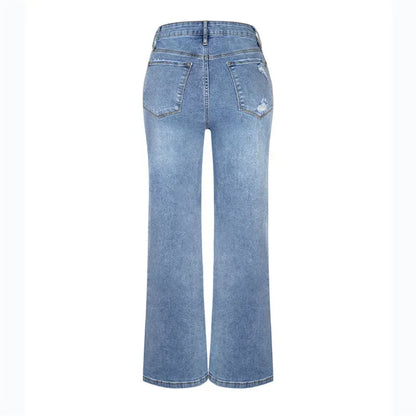 Fashion Back Pocket Broken Holes Straight Jeans Women High Waist Wide Leg Trousers Daily Comfortable Commuter Casual Denim Pants