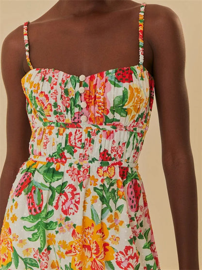 CHRONSTYLE Vintage Floral Print Long Maxi Dress for Women Sleeveless Strap Ruched Buttons Up High Waist Beach Dress Vestido 2024