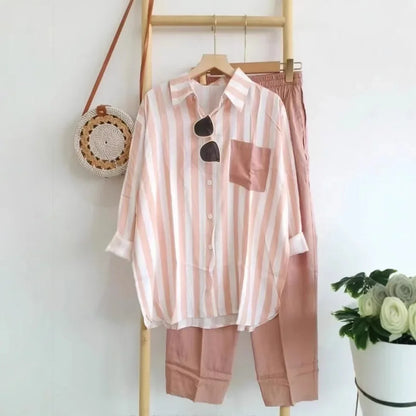 2024 Summer New Fashion Loose-Fit Slimming Casual Striped Two-Piece Suit Women's Comfortable Black Pink Red Short Skirt Set