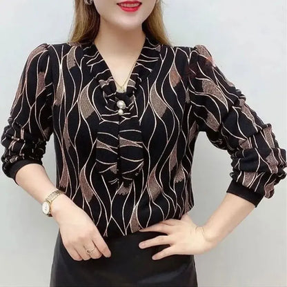 Female Clothing Wave Printed V-Neck Shirt Bandage Spring Autumn New Diamonds Chic Pearl Three-dimensional Decoration Blouse 2025
