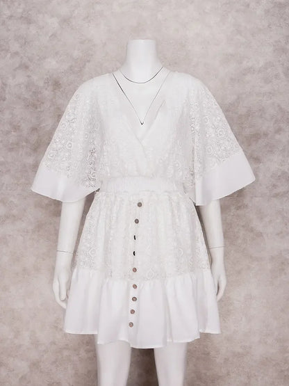 White Lace Tunic Sexy Deep V Neck Button Bikini Cover-ups Women Clothes 2025 Summer Sexy Ruffles Long Sleeves Mini Dress A1132