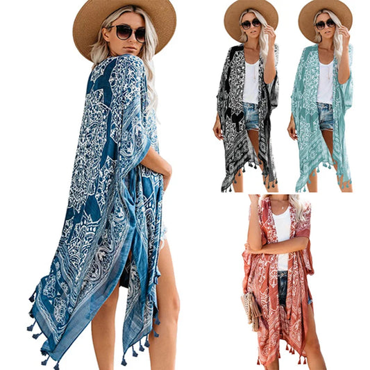 European and American seaside vacation print tassel cover up casual medium length loose beach dress for women
