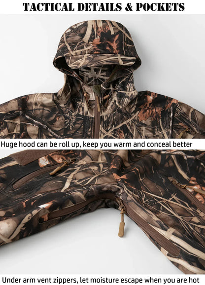 Men's Silent Camouflage Hunting Jacket Soft Shell Outdoor Hiking Fishing Hooded Coat Waterproof Fleece Tactical Jackets