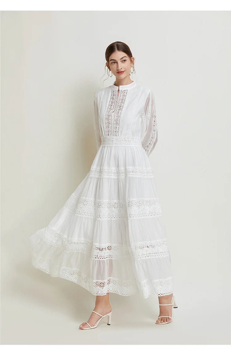 French Fashion Retro Dress Summer Clothing Lace Lace Splicing V-neck Design Lantern Sleeve Dress White Club Outfits for Women