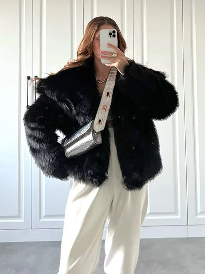 Women Oversized Turn Down Collar Fluffy Faux Fur Vintage Jacket Coats Winter Clothes
